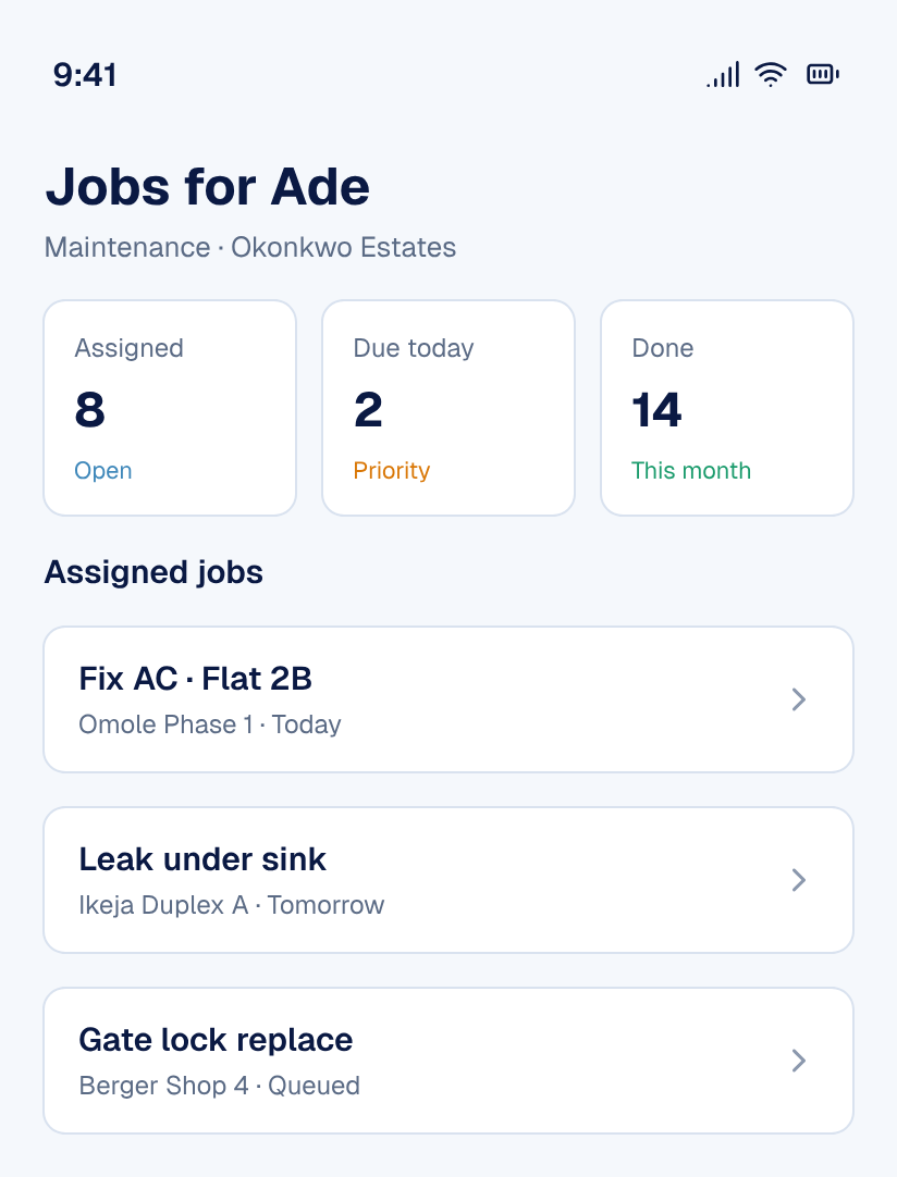 Maintenance jobs list with assigned work